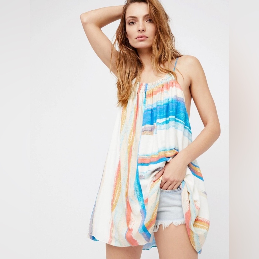 FREE PEOPLE Dress Painted Stripe Colorblock Lined White Blue Colorful - Picture 3 of 9